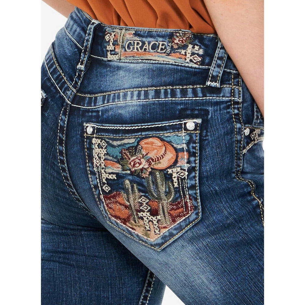 Grace in LA Dark Blue Embroidered Boot Cut Jeans.  29X31.5